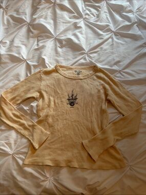 Brandy Melville Cream Waffle Knit Graphic Long Sleeve Top